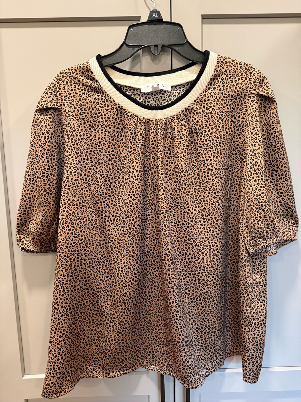 THML Leopard-Print Short Sleeve Top in Tan with Cream Trim